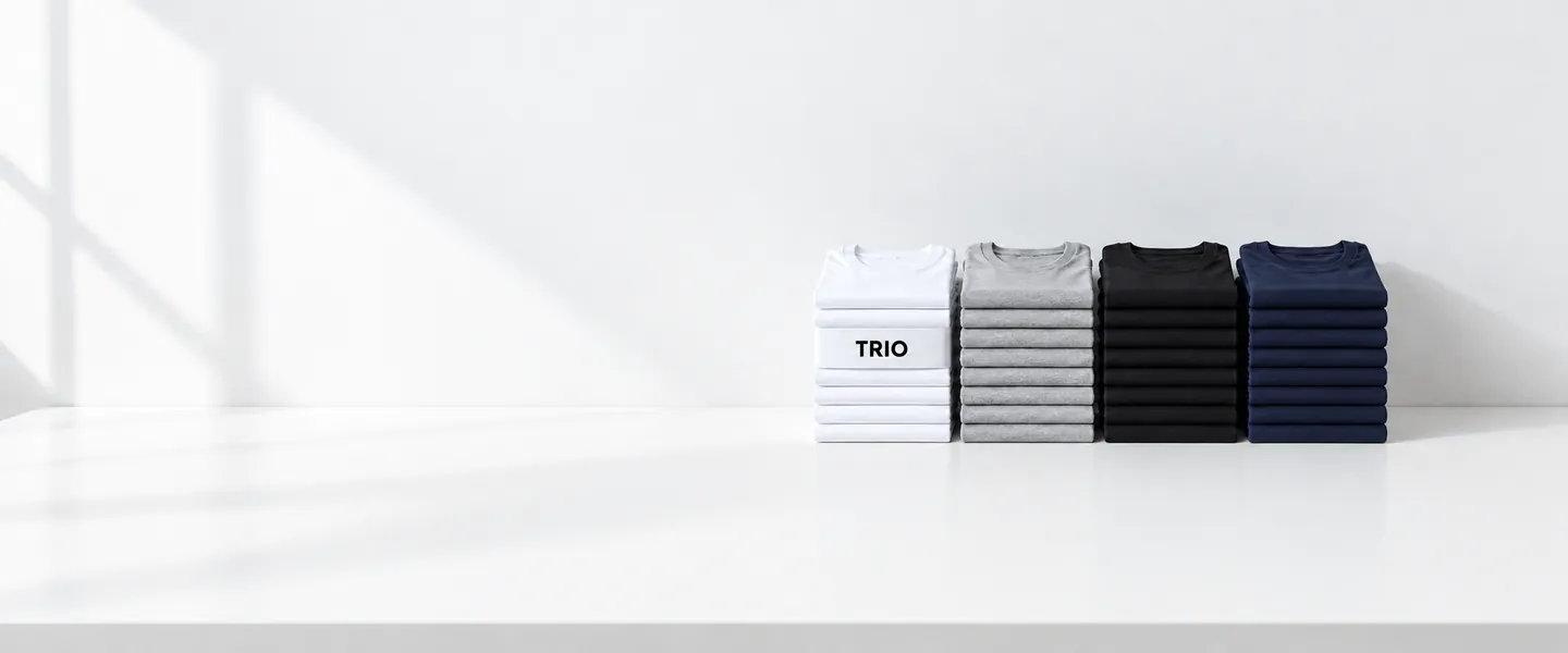 白桌上四疊摺好的素 T：白、灰、黑、藏青